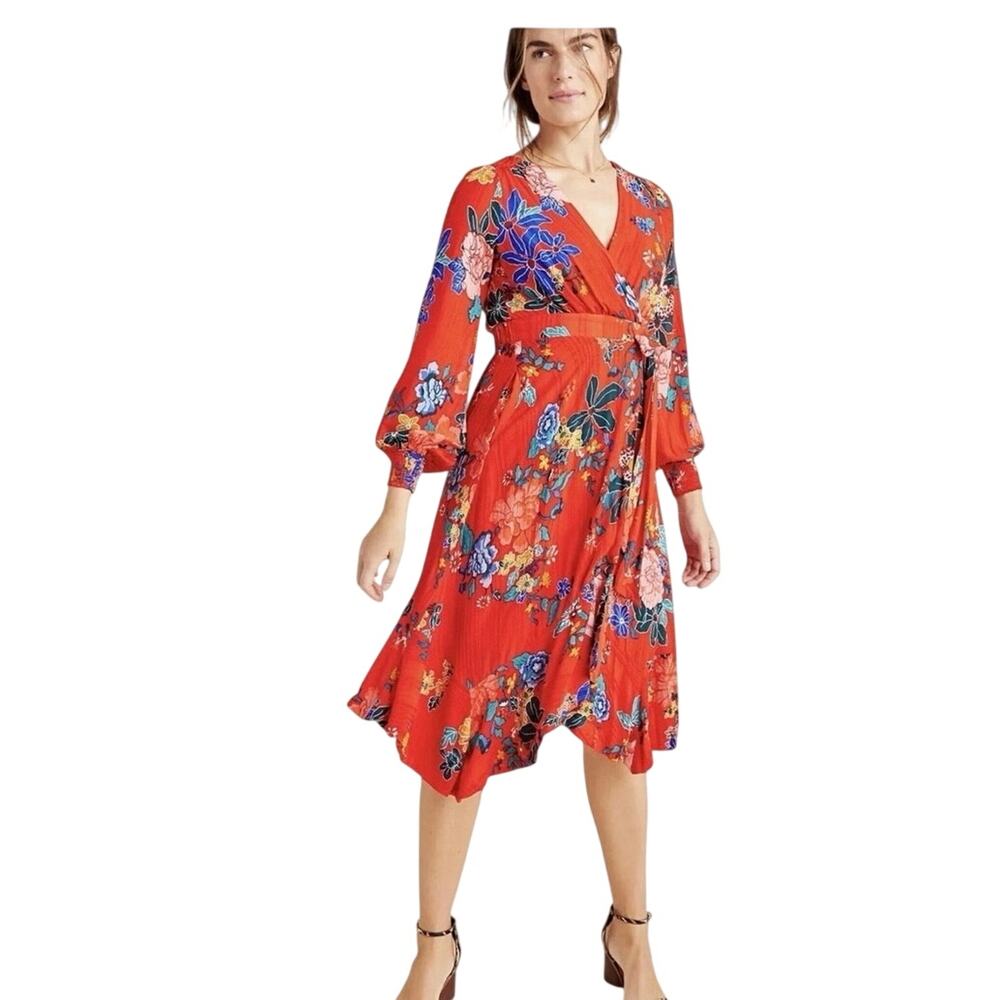 by Anthropologie Boswell Textured Tunic Faux Wrap Dress 100% Viscose Red 18W